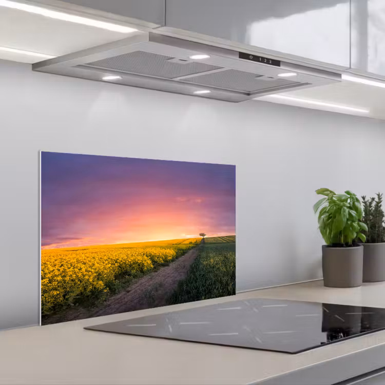 Bloemen - Weg - Lucht - Geel - Paars - Zonsondergang - Natuur keuken achterwand spatscherm klein -3d_schuin