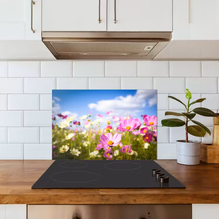 Bloemen - Wei - Paars - Gras - Wit - Wolken - Blauw keuken achterwand spatscherm klein -sfeer2