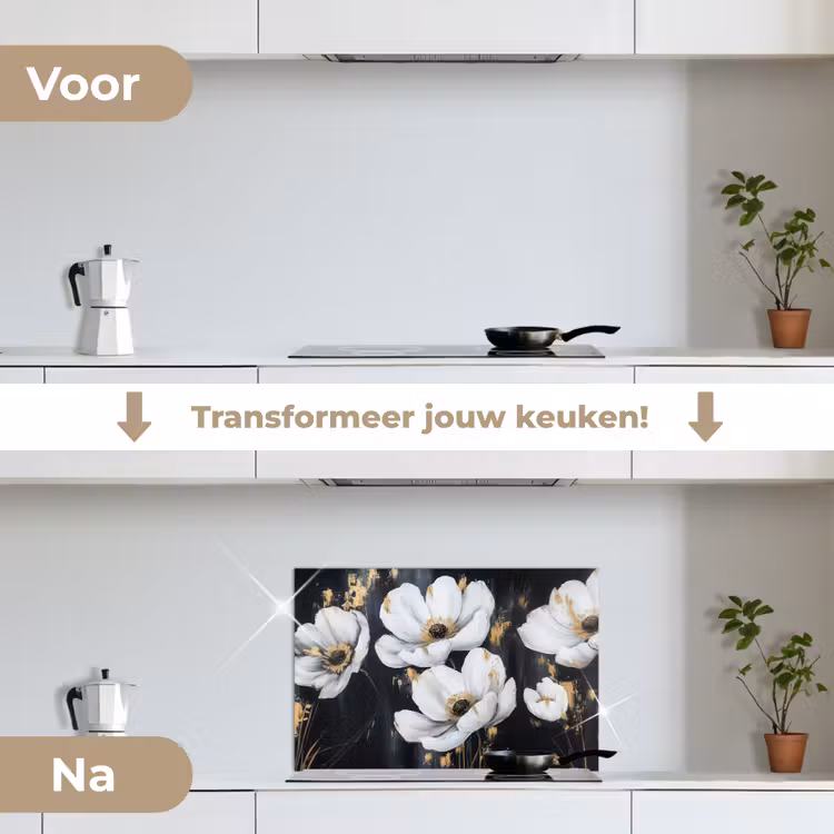 Bloemen - Wit - Abstract keuken achterwand spatscherm klein -voor_na_NL
