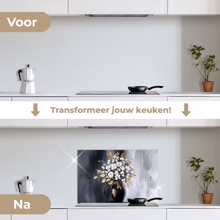 Bloemen - Wit - Vaas - Abstract keuken achterwand spatscherm klein -voor_na_NL