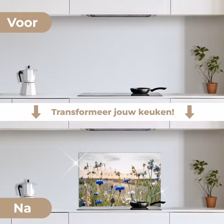 Bloemen - Zomer - Korenbloem - Blauw - Zon - Wolken keuken achterwand spatscherm klein -voor_na_NL