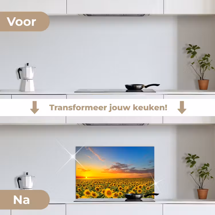 Bloemen - Zonnebloem - Zonsondergang - Nacht - Oranje keuken achterwand spatscherm klein -voor_na_NL