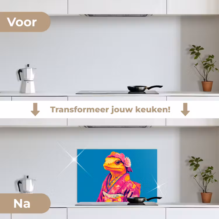 Bloemenkrans - Hagedis - Kimono - Paars keuken achterwand spatscherm klein -voor_na_NL