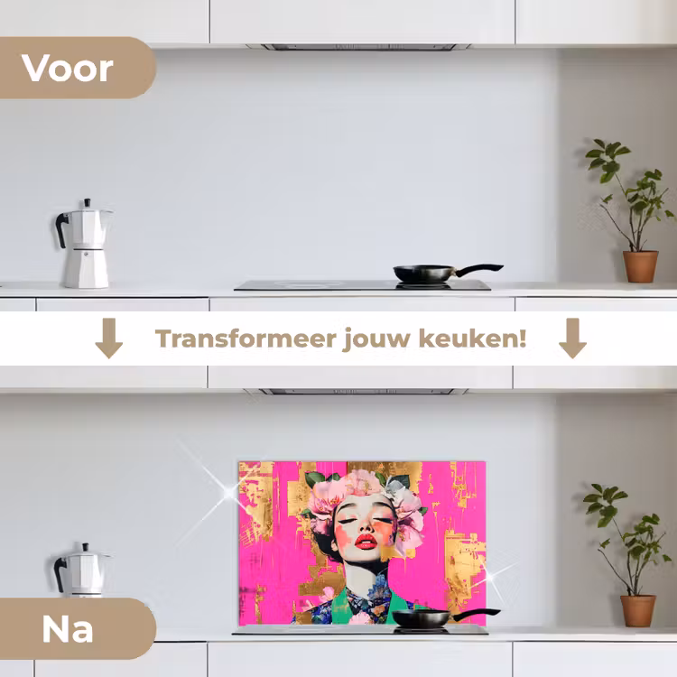 Bloemenkroon - Goud - Vrouw - Portret keuken achterwand spatscherm klein -voor_na_NL