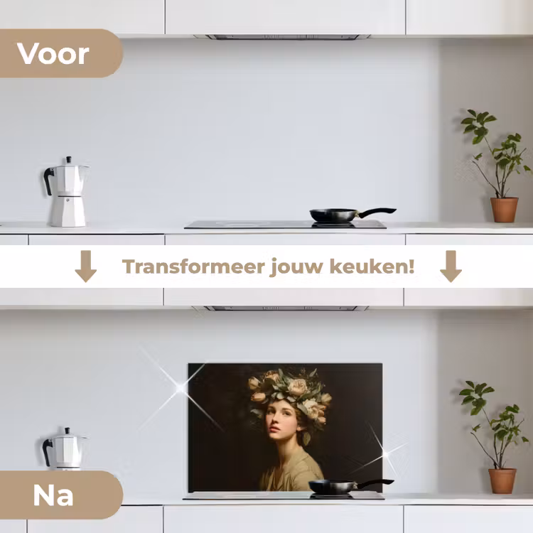 Bloemenstilte - Vrouw - Portret keuken achterwand spatscherm klein -voor_na_NL