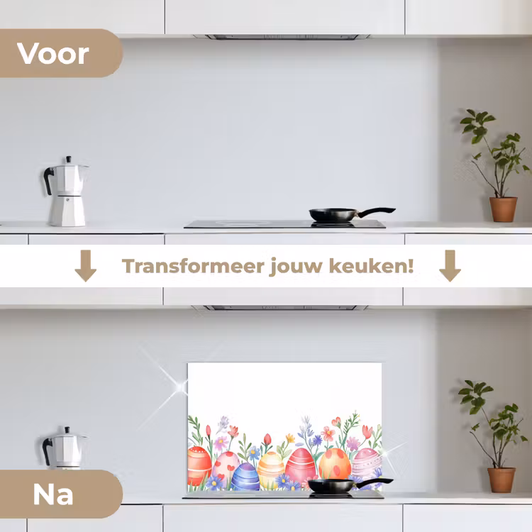 Bloementuin - Kleurrijk - Eieren keuken achterwand spatscherm klein -voor_na_NL