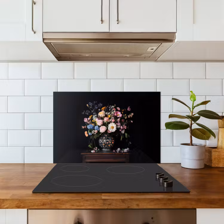 Bloemenvaas - Hout - Bloemen - Boeket keuken achterwand spatscherm klein -sfeer2