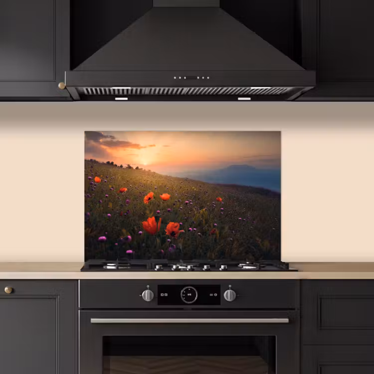 Bloemenveld - Gras - Bloemen - Planten - Zonsondergang - Oranje keuken achterwand spatscherm klein -sfeer1
