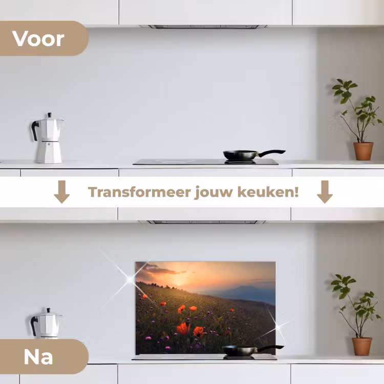 Bloemenveld - Gras - Bloemen - Planten - Zonsondergang - Oranje keuken achterwand spatscherm klein -voor_na_NL