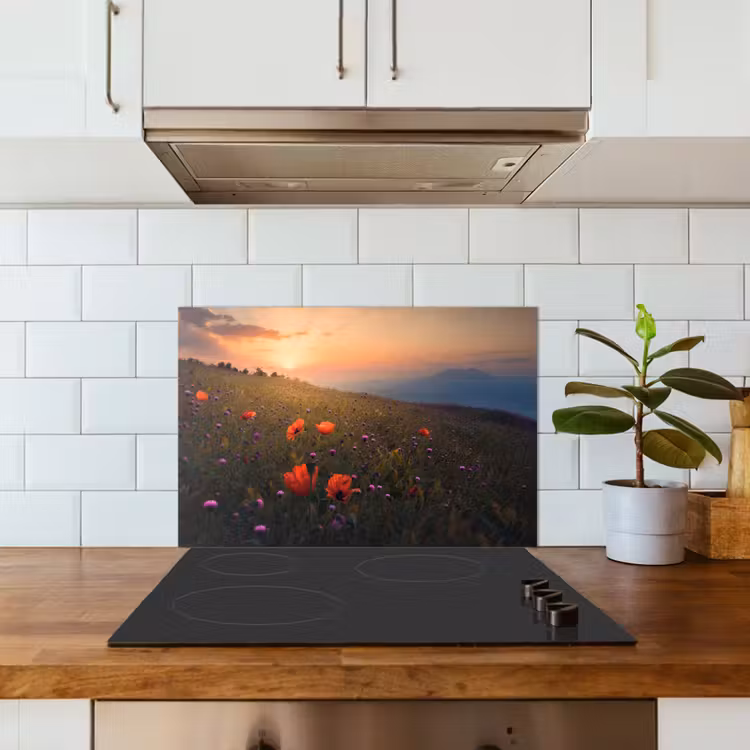 Bloemenveld - Gras - Bloemen - Planten - Zonsondergang - Oranje keuken achterwand spatscherm klein -sfeer2