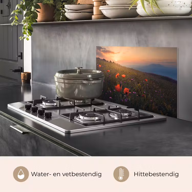 Bloemenveld - Gras - Bloemen - Planten - Zonsondergang - Oranje keuken achterwand spatscherm klein -usp_NL
