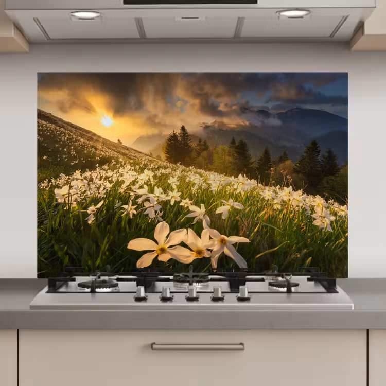 Bloemenveld - Heuvels - Zonsondergang - Berg - Natuur - Wit - Heuvels keuken achterwand spatscherm klein -3d_website