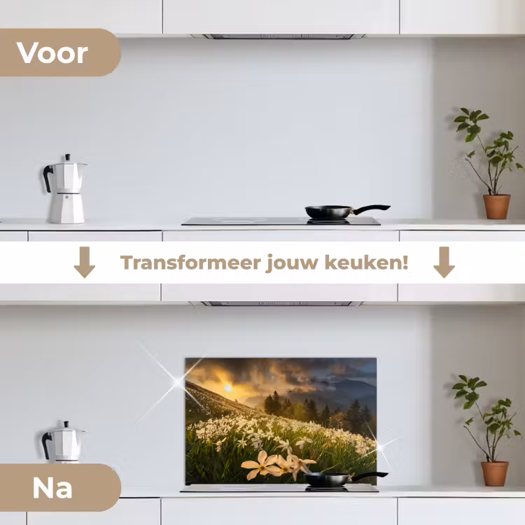 Bloemenveld - Heuvels - Zonsondergang - Berg - Natuur - Wit - Heuvels keuken achterwand spatscherm klein -voor_na_NL