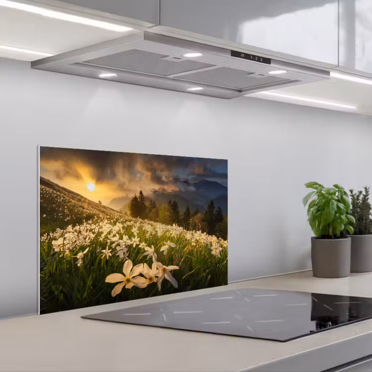 Bloemenveld - Heuvels - Zonsondergang - Berg - Natuur - Wit - Heuvels keuken achterwand spatscherm klein -3d_schuin