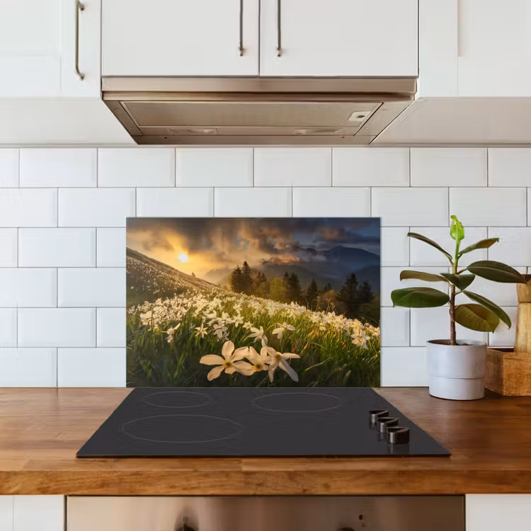 Bloemenveld - Heuvels - Zonsondergang - Berg - Natuur - Wit - Heuvels keuken achterwand spatscherm klein -sfeer2