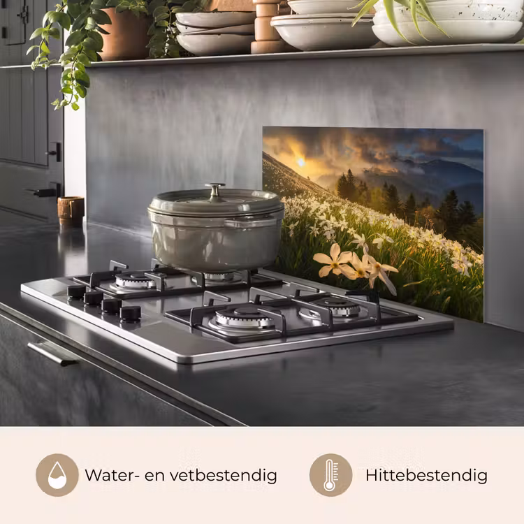 Bloemenveld - Heuvels - Zonsondergang - Berg - Natuur - Wit - Heuvels keuken achterwand spatscherm klein -usp_NL
