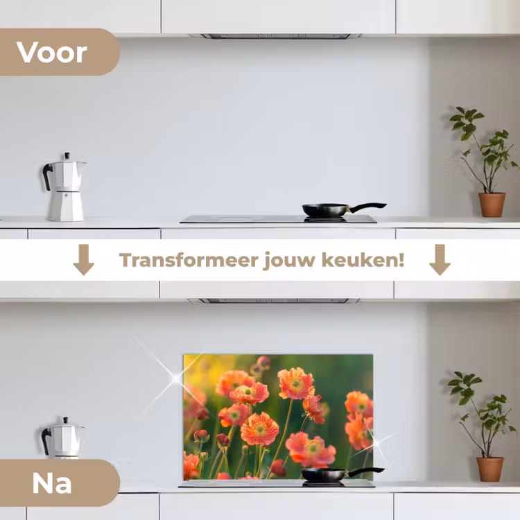 Bloemenveld - Zonnestralen - Oranje keuken achterwand spatscherm klein -voor_na_NL