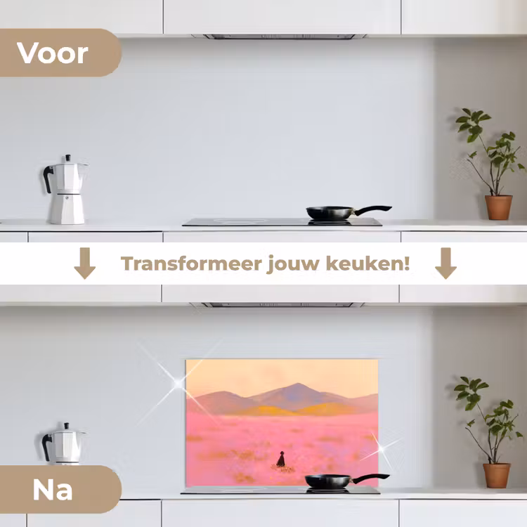 Bloemenweide - Heuvels - Silhouet - Roze keuken achterwand spatscherm klein -voor_na_NL