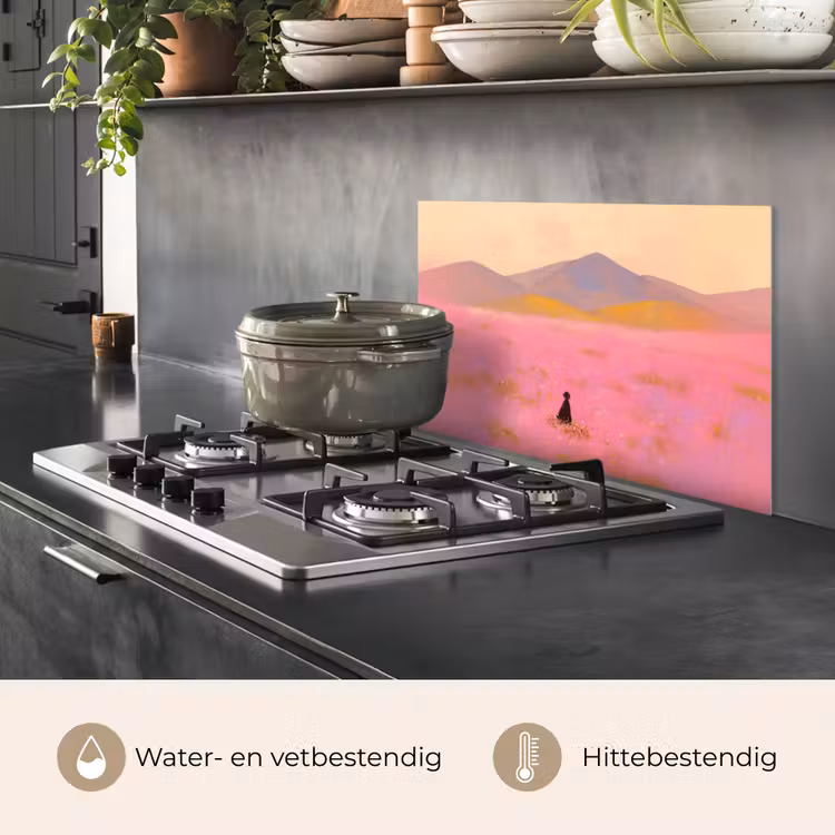 Bloemenweide - Heuvels - Silhouet - Roze keuken achterwand spatscherm klein -usp_NL