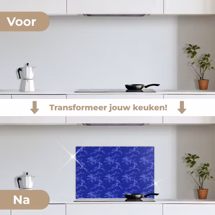 Bloesem - Bloemen - Blauw keuken achterwand spatscherm klein 900 -voor_na_NL