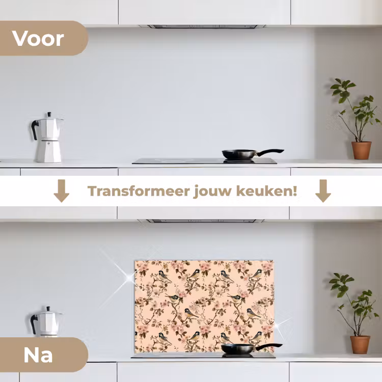 Bloesem - Koolmees - Roze keuken achterwand spatscherm klein 900 -voor_na_NL