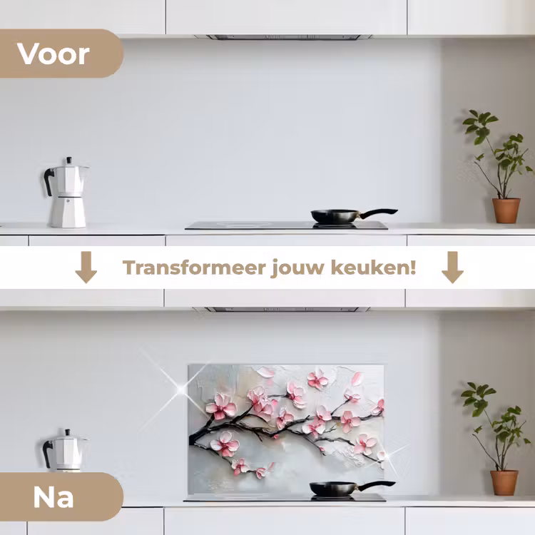 Bloesem - Kunstzinnig - Roze - Sakura keuken achterwand spatscherm klein -voor_na_NL