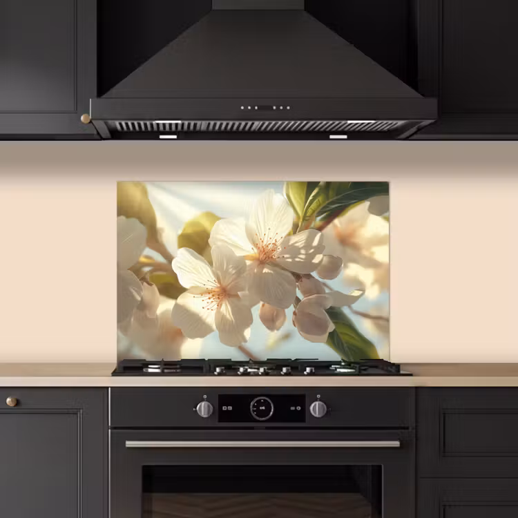 Bloesems - Wit - Zonnestralen - Bloemblaadjes keuken achterwand spatscherm klein -sfeer1