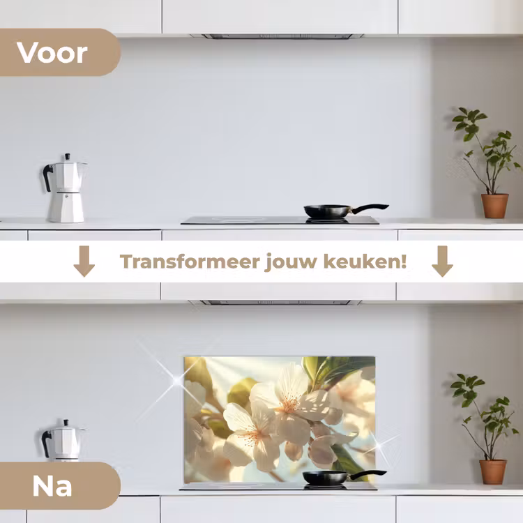 Bloesems - Wit - Zonnestralen - Bloemblaadjes keuken achterwand spatscherm klein -voor_na_NL