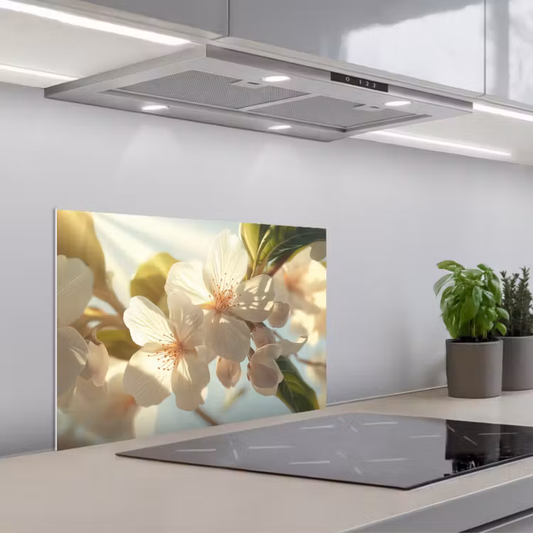 Bloesems - Wit - Zonnestralen - Bloemblaadjes keuken achterwand spatscherm klein -3d_schuin