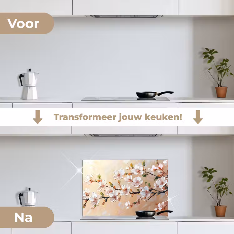 Bloesemtakken - Schilderachtig - Roze keuken achterwand spatscherm klein -voor_na_NL