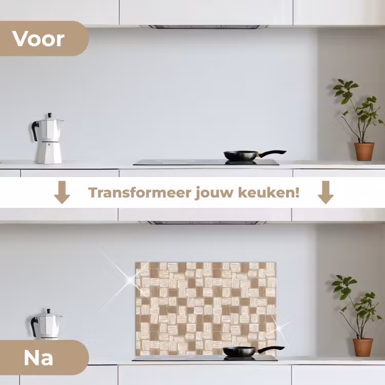 Blok - Patroon - Bruin keuken achterwand spatscherm klein 900 -voor_na_NL