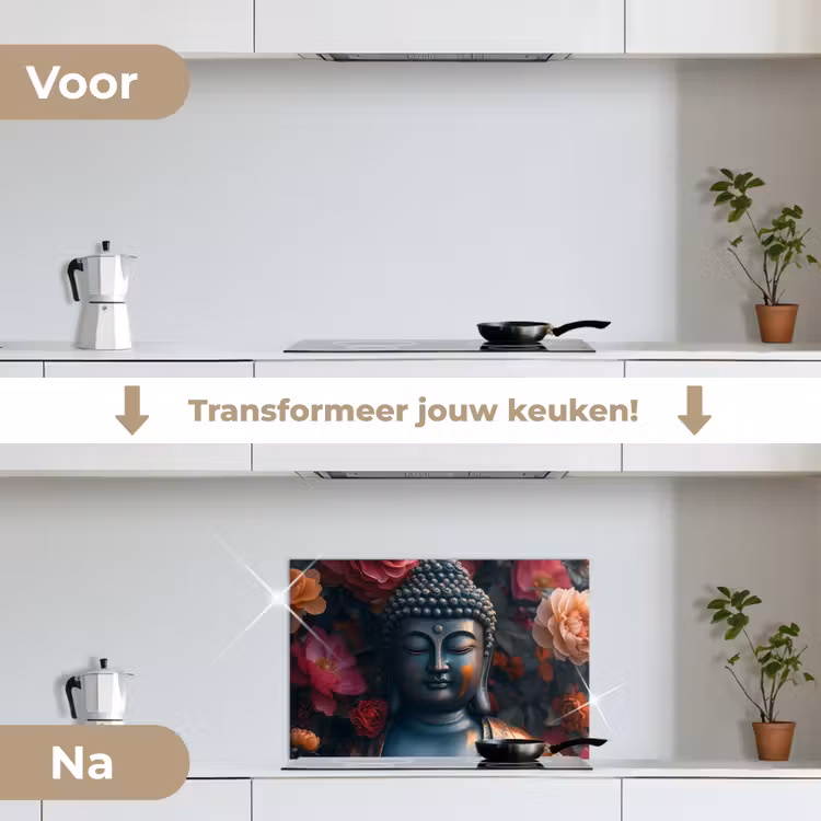 Boeddha - Bloemen - Buddha - Beeld - Kunst keuken achterwand spatscherm klein -voor_na_NL