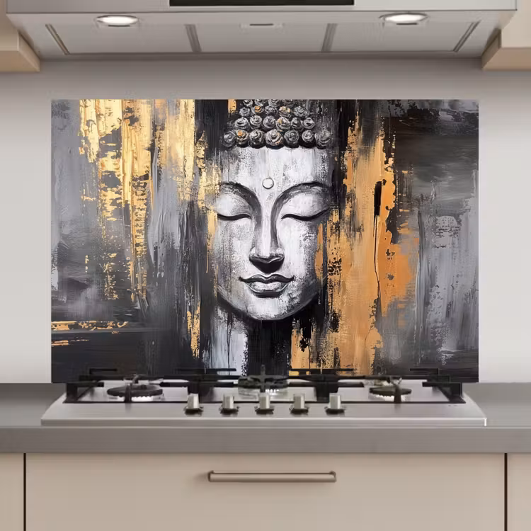 Boedhha - Penseelstreken - Goud - Abstract keuken achterwand spatscherm klein -3d_website