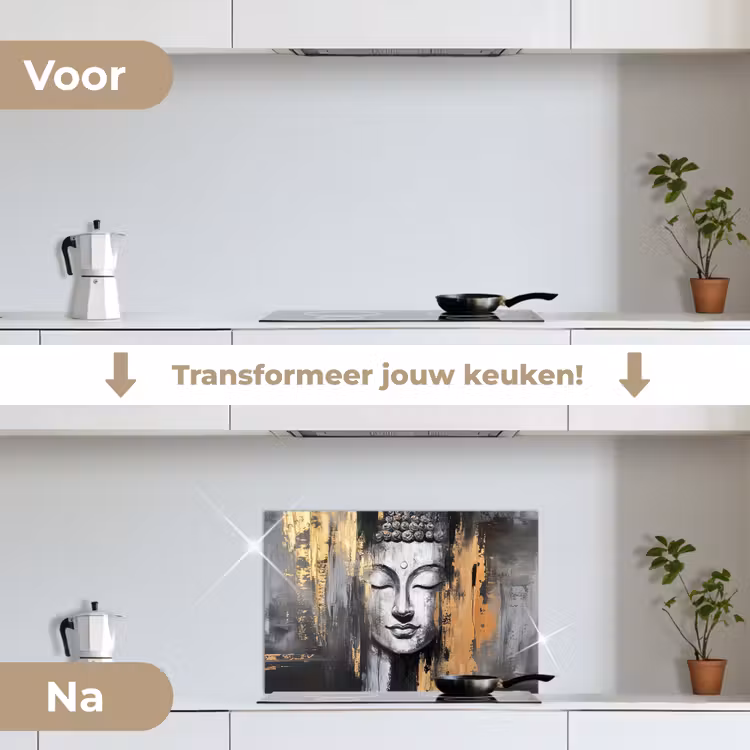 Boedhha - Penseelstreken - Goud - Abstract keuken achterwand spatscherm klein -voor_na_NL