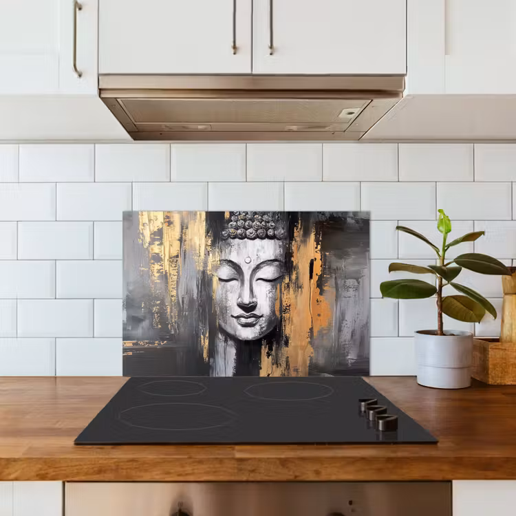 Boedhha - Penseelstreken - Goud - Abstract keuken achterwand spatscherm klein -sfeer2