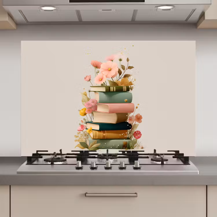 Boeken - Stapel - Bloemen - Kleurrijk keuken achterwand spatscherm klein -3d_website
