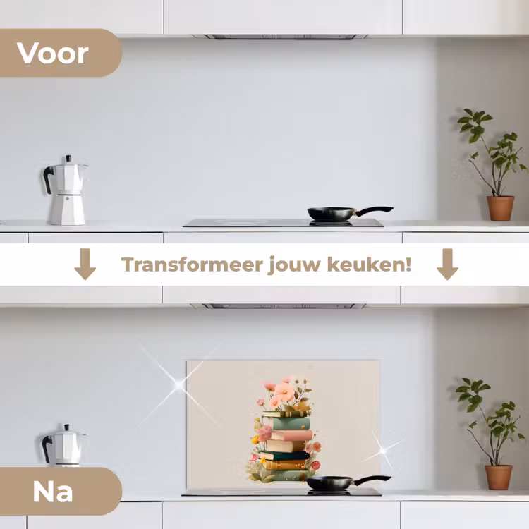 Boeken - Stapel - Bloemen - Kleurrijk keuken achterwand spatscherm klein -voor_na_NL