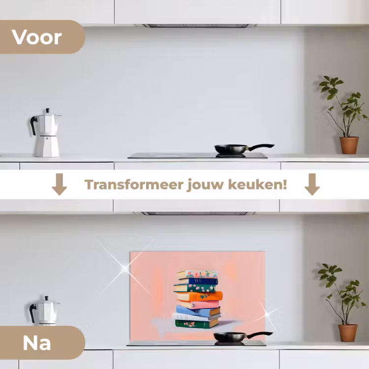 Boeken - Stapel - Kleurrijk keuken achterwand spatscherm klein -voor_na_NL