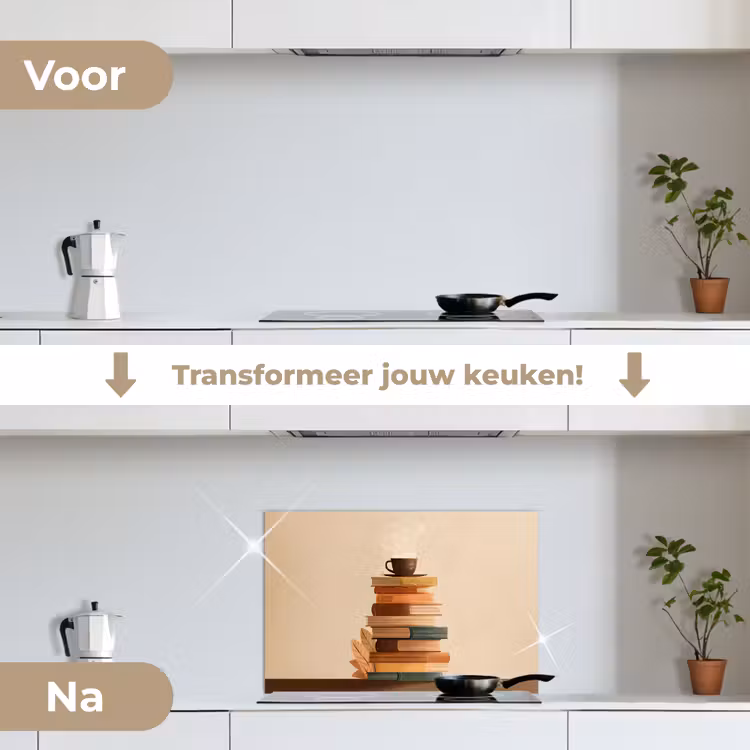 Boeken - Toren - Koffie - Beige keuken achterwand spatscherm klein -voor_na_NL