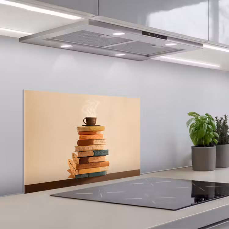 Boeken - Toren - Koffie - Beige keuken achterwand spatscherm klein -3d_schuin