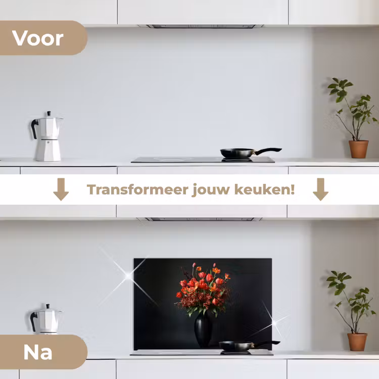 Boeket - Tulpen - Vaas - Rood keuken achterwand spatscherm klein -voor_na_NL