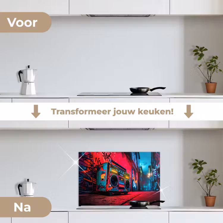 Boombox - Rood - Graffiti - Neon keuken achterwand spatscherm klein -voor_na_NL