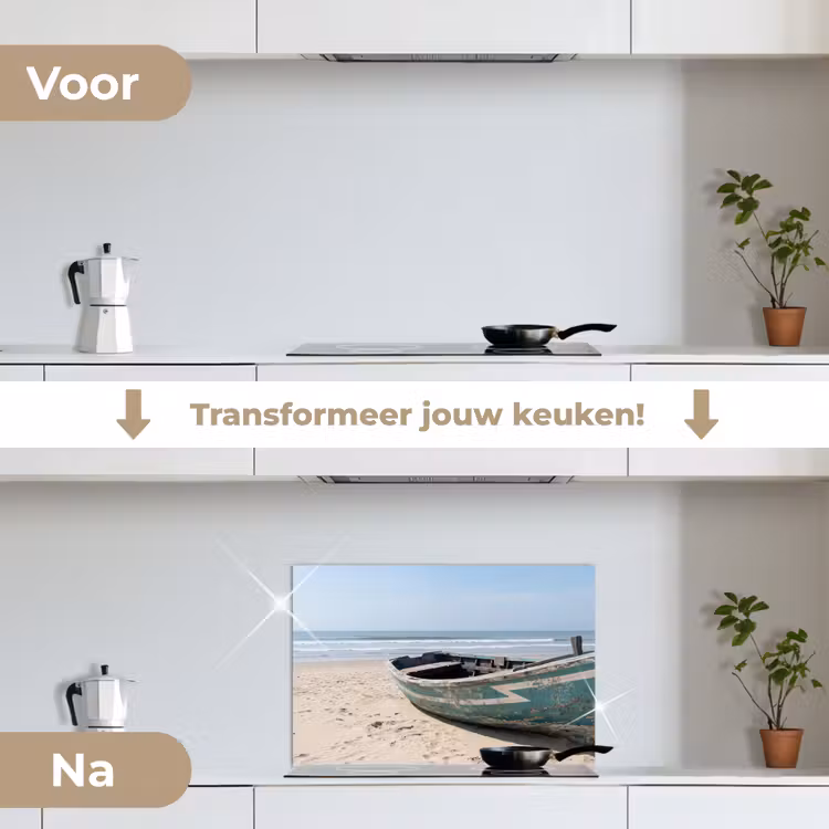 Boot - Zandstrand - Zee keuken achterwand spatscherm klein -voor_na_NL