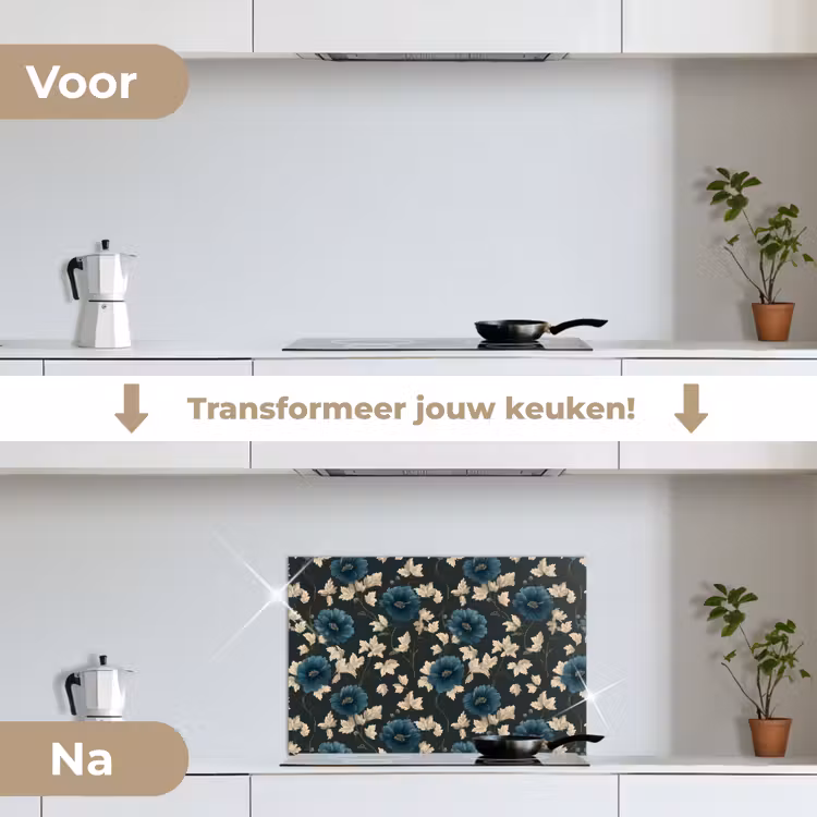 Botanisch - Bloemen - Blauw keuken achterwand spatscherm klein 900 -voor_na_NL
