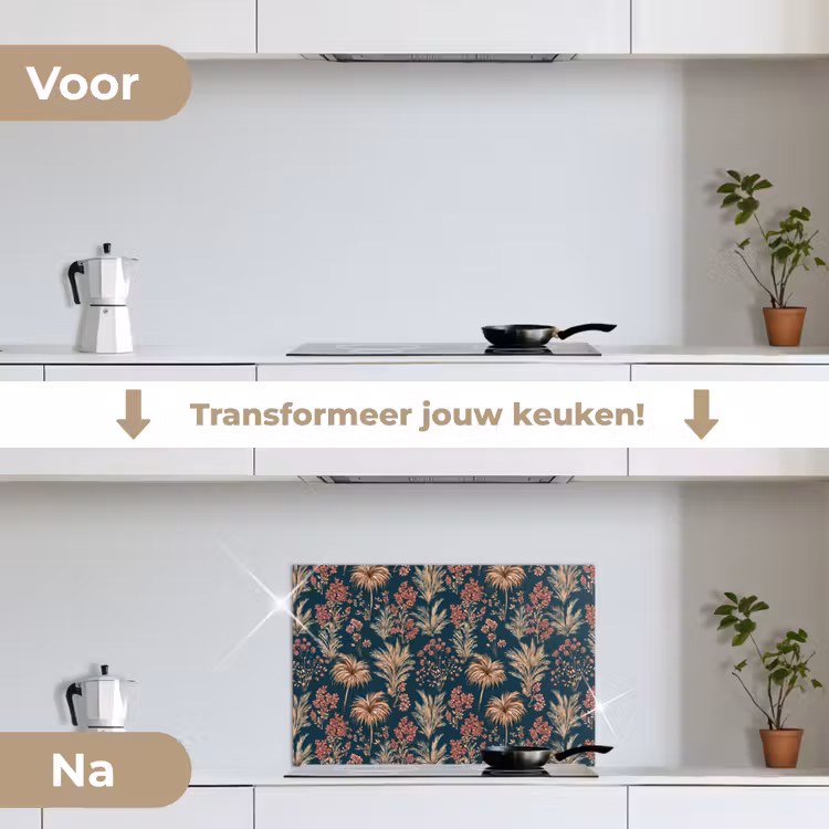 Botanisch - Patroon - Blauw keuken achterwand spatscherm klein 900 -voor_na_NL