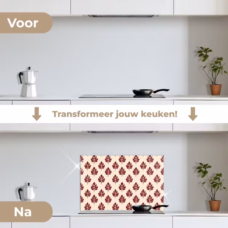 Botanisch - Patroon - Bordeaux keuken achterwand spatscherm klein 900 -voor_na_NL