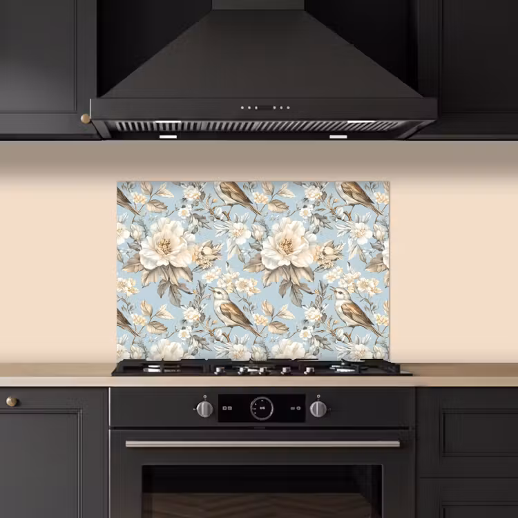 Botanisch - Zangvogel - Blauw keuken achterwand spatscherm klein 900 -sfeer1