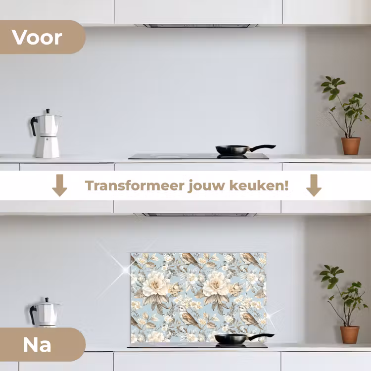 Botanisch - Zangvogel - Blauw keuken achterwand spatscherm klein 900 -voor_na_NL