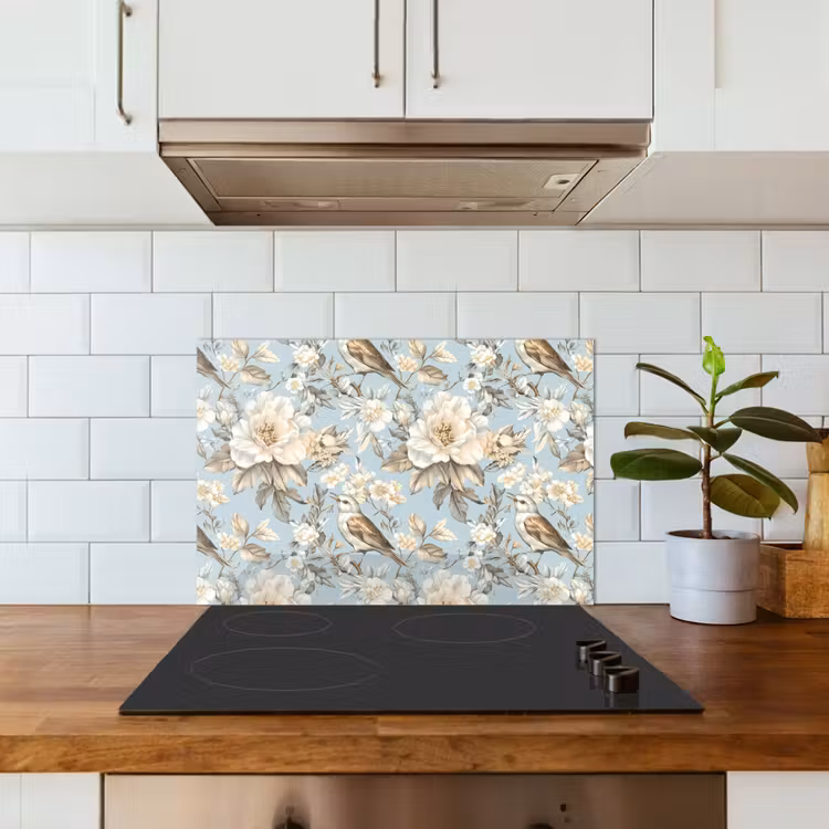 Botanisch - Zangvogel - Blauw keuken achterwand spatscherm klein 900 -sfeer2