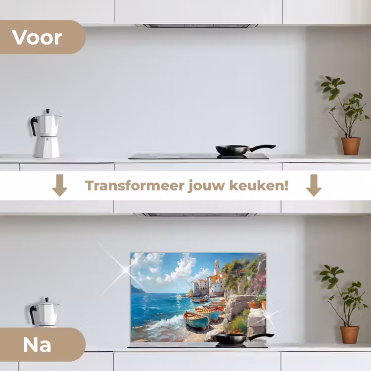 Boten - Rotsen - Zee - Zon keuken achterwand spatscherm klein -voor_na_NL